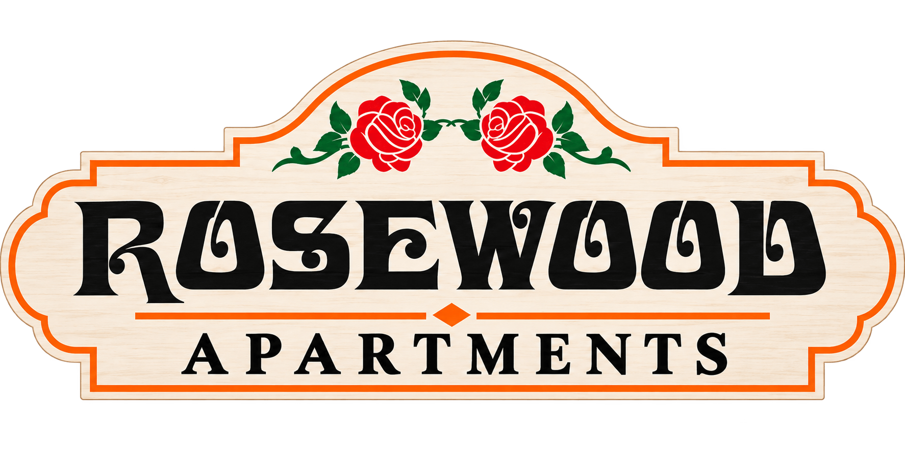 A sign that says Rosewood Apartments with two roses on it.